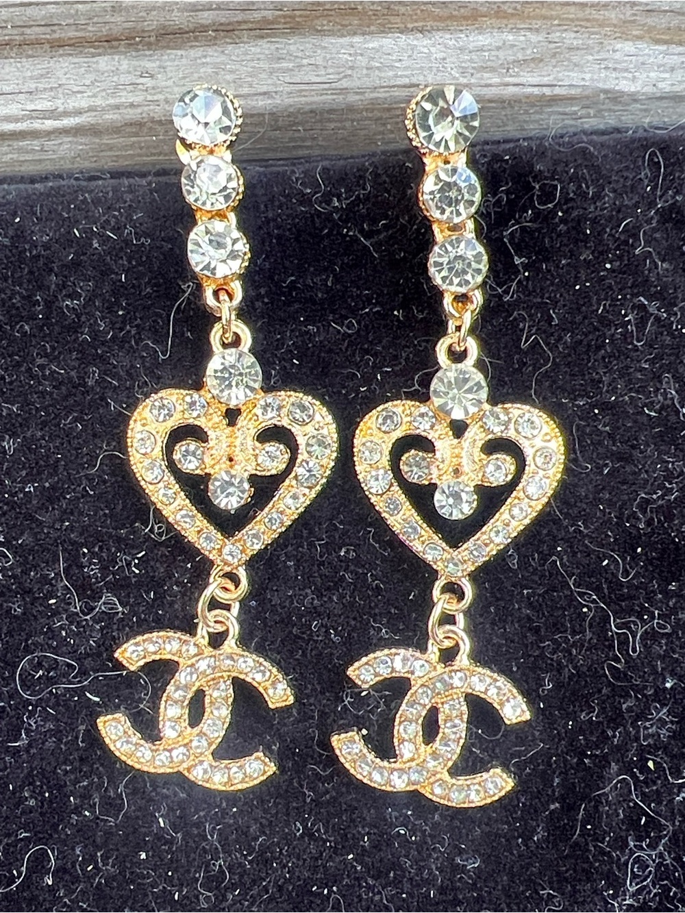 CHANEL Gold-Tone Crystal Heart Drop Earrings with Logo